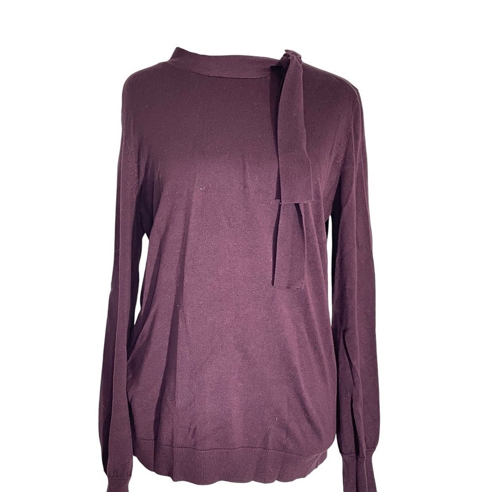 Adrianna Papell Womens Tie Neck Long Sleeve Knit Top Sweater Plum Purple M